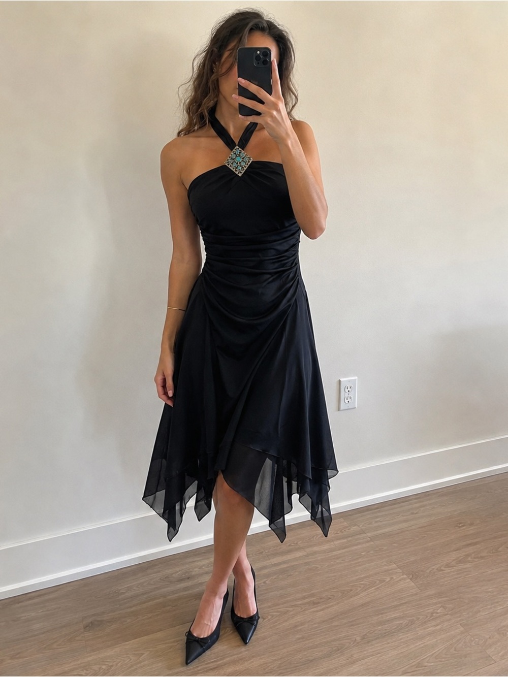 Ricki’s Black Halter Handkerchief Dress Turquoise Jewel Y2K Fairy Grunge